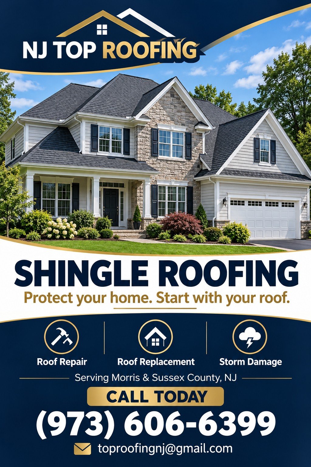NJ Top Roofing. Shingle roofing, roof repair, roof replacement and storm damage. Serving Morris and Sussex County, NJ. Call (973) 606-6399 or email toproofingnj@gmail.com.